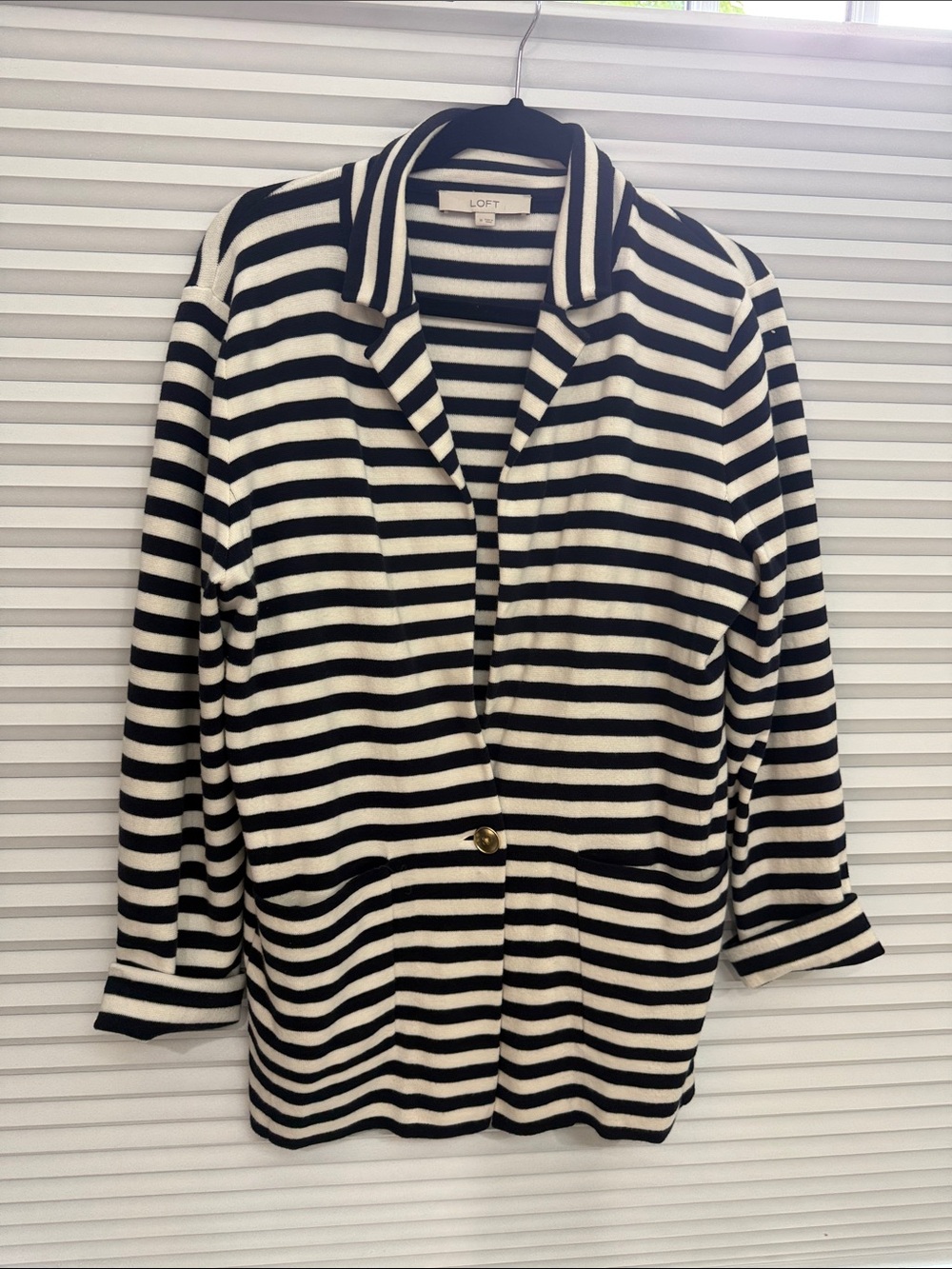 LOFT Dark Navy  & White Striped  Knit Stretchy Single-Button Blazer